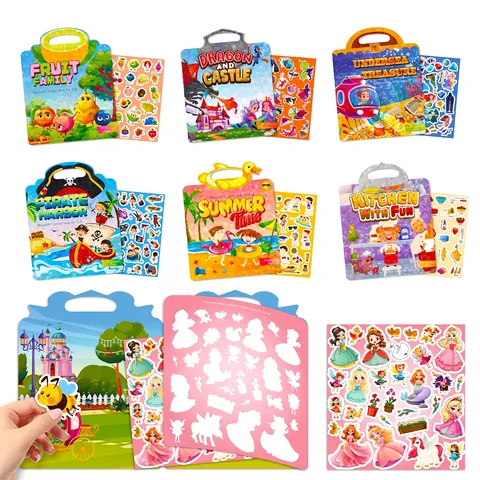 Reusable Jelly Sticker Book For Kids Handheld Quiet Book Educational Toy DIY Scene Sticker Activity Book Princess Dinosaur Pirate Sea Themes