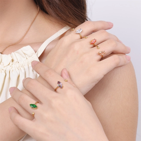 Marquise Cut Colorful Zircon Open Adjustable Ring Stainless Steel Gold Plated Vintage Niche Jewelry For Women