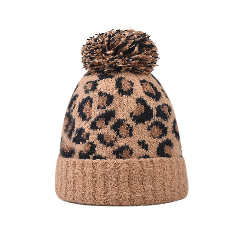 Dames Winter Mode Luipaardprint Gebreide Muts Met Kunstbont Pompon Warme Casual Muts Voor Buiten