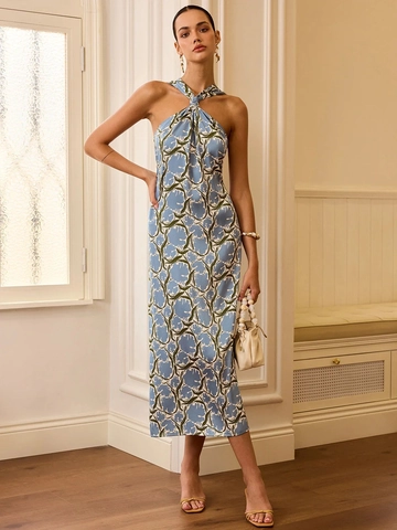 Elegante Halter Midi Jurk Met Bloemenprint Polyester Satijnlook Slim Fit Mouwloos Zijsplit Dames Franse Stijl Vakantie
