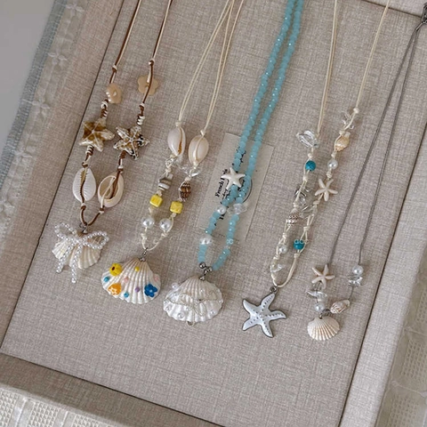 Bohemian Ocean Shell Starfish Pendant Necklace Women Summer Beach Vacation Faux Artificial Pearl Beaded Wax Rope Jewelry