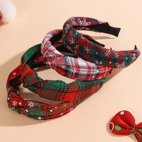 Serre-Tête De Noël Bandeau À Nœud Motif À Carreaux Flocon De Neige Festif Accessoires Cheveux En Polyester Pour Femmes