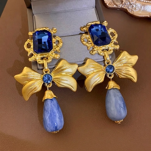 Gioielli Barocchi Vintage Lega Strass Blu Fiocco Quadrato Orecchini E Collana Con Silver Earring Post