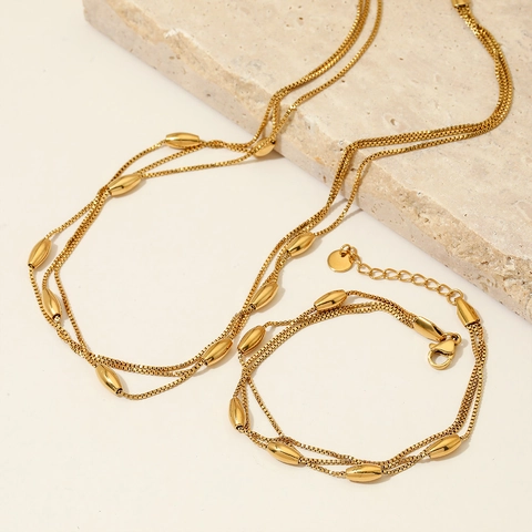 Joyas De Acero Inoxidable Collar Pulsera Cadena De Varias Capas Con Cuentas De Oliva Minimalista Para Mujeres