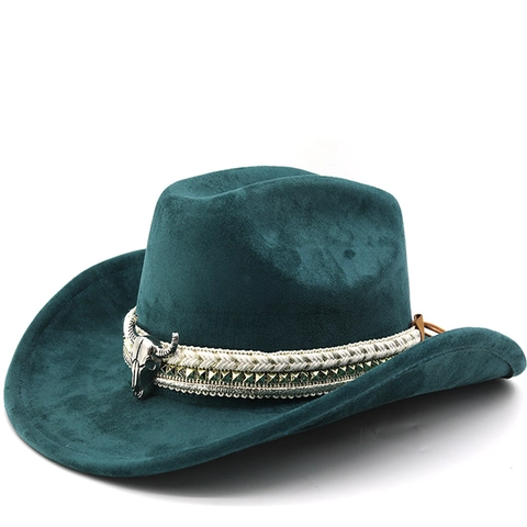 Western Cowboy Hat Suede Polyester Felt Bull Skull Metal Decor Studded Braided Band Wide Curved Brim Jazz Fedora