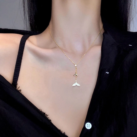 Dual Whale Tail Tassel Necklace Alloy Shell Inlay Zircon Y-Shaped Elegant Clavicle Chain Jewelry For Women