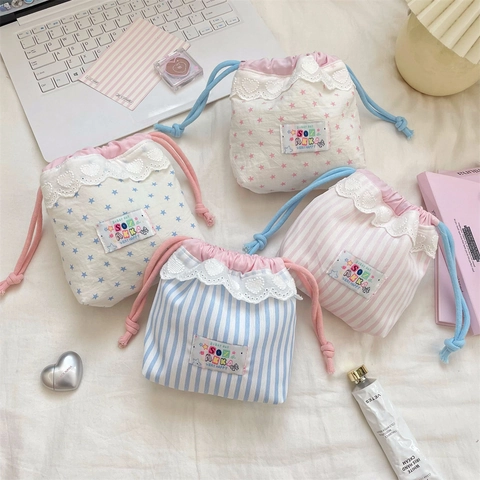Cute Drawstring Storage Bag Cotton Fabric With Lace Trim Star Stripe Pattern Cosmetic Travel Pouch Organizer For Women