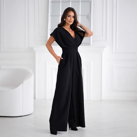 Women Deep V Neck Jumpsuit Polyester Short Sleeve High Waist Wide Leg Solid Color Elegant Office Commuter Long Romper