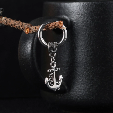 Vintage Stainless Steel Anchor Drop Hoop Earrings For Men Punk Hip Hop Street Style Jewelry With Greek Key Meander Pattern
