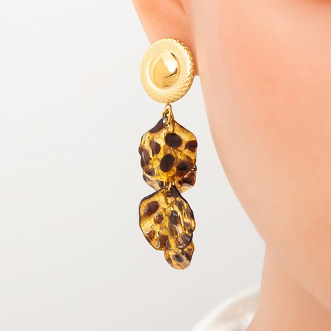 Stainless Steel Gold Flower Drop Earrings With Rhinestone Leopard Print Resin Pendant Vintage Minimalist Earrings For Women