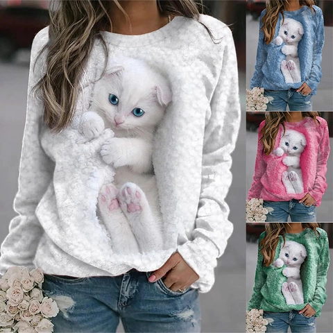 Sweatshirt en Polyéster Ample Décontracté pour Femmes Avec Motif Animalier Chat 3D Réaliste Col Rond Haut Pullover Manches Longues Courtes