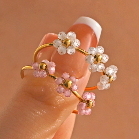 Stainless Steel Flower Ring For Women Crystal Beads Adjustable Gold Plated Sweet Elegant Jewelry