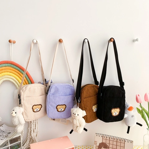 Cute Bear Embroidery Corduroy Crossbody Bag For Women Girls Mini Mobile Phone Purse Kawaii Zipper Shoulder Handbag