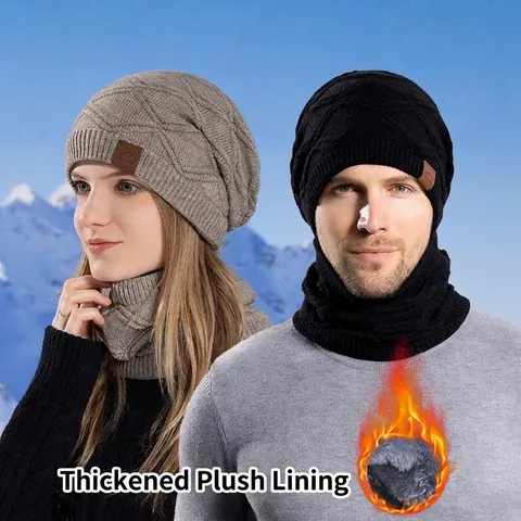 Gorro De Punto De Invierno Y Calentador De Cuello Forro Polar Grueso Cortavientos Cálido Acrílico Patrón Diamante Unisex