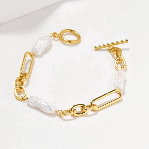 Bracciale A Catena Con Süßwasserperle Barocche Ottone Placcato Oro Con Chiusura A Gancio Gioielli Di Moda Eleganti Per Donna
