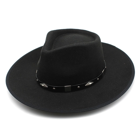 Retro Wide Brim Fedora Hat Wool Felt Jazz Cap With Studded Band Solid Color Unisex British Style Autumn Winter