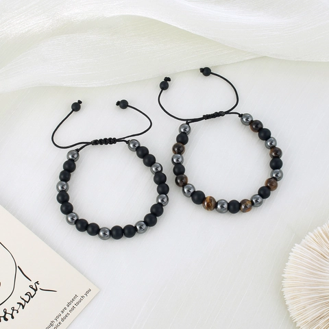 Tiger Eye Magnetite Matte Black Stone Adjustable Beaded Bracelet Men Handmade Woven Rope Casual Fashion Jewelry