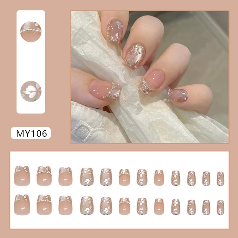 Press On Nails Frans Bloemen Cat Eye Ontwerp Met Imitatieparel Strass Kort Vierkant Ovaal Elegant Kunstnagels Dames