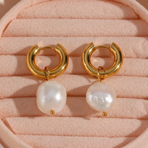 Roestvrijstalen Oorbellen 18K Verguld Zoetwater Barok Kunstparel Hanger Elegant Frans Retro Sieraden Voor Vrouwen