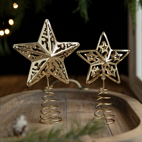 Étoile De Sommet De Sapin De Noël En Fer Doré Ornement De Pentagramme Évidé Filigrané Avec Base À Ressort Pour Décoration