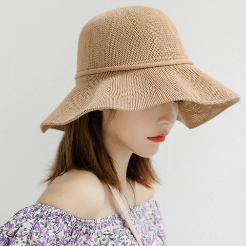 Women Knitted Straw Bucket Hat Wide Brim Sun Protection Foldable Ribbon Bow Summer Beach Elegant Fisherman Hat