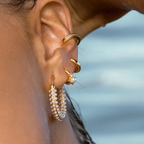 Orecchini a Cerchio in Rame Vintage Con Perno in Argento Sterling 925 Perla Artificiale Strass Intarsiato Gioielli Donna
