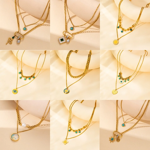 Vintage Vergoldete Edelstahl Doppellagige Halskette Böses Auge Türkis Anhänger Böhmische Schlüsselbein Kette Schmuck Damen