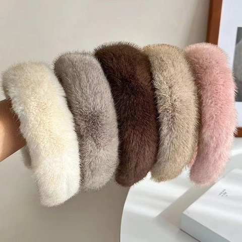 Plush Headband Faux Mink Fur Wide Hair Band Winter Autumn Fluffy Solid Color Thickened Headpiece For Women