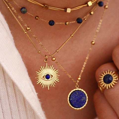 Evil Eye Lapis Lazuli Necklace Ring Jewelry Stainless Steel Gold Plated Sun Geometric Bohemian Style For Women
