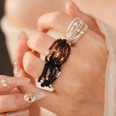 Anillo Di Perline Multistrato Per Donna Retrò Perline Di Vetro Geometrico Tondo Catena Regolabile Elegante Gioielli Da Mano Con Künstliche Perle Finte