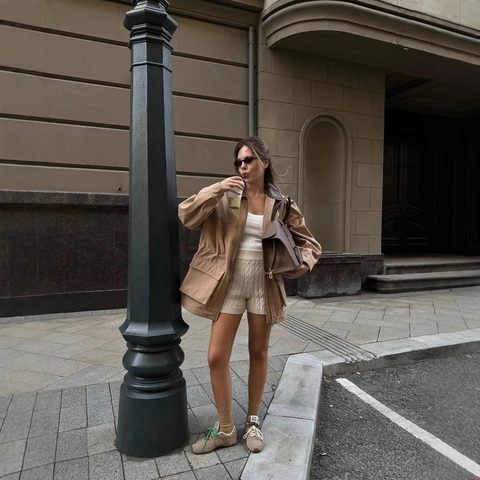Giacca In Camoscio Da Donna Revers In Pelle A Contrasto Tasche Grandi Vita Con Coulisse Stile Utility Moda Casual Khaki