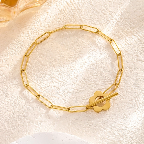 Flower Toggle Clasp Necklace Bracelet And Earrings Titanium Steel Gold Plated Paperclip Chain Minimalist Jewelry Women