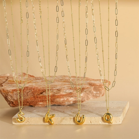 French Vintage Gold Plated Copper Double Layer Necklace With 3D Bubble Initial Letter Pendant Paperclip Chain For Women