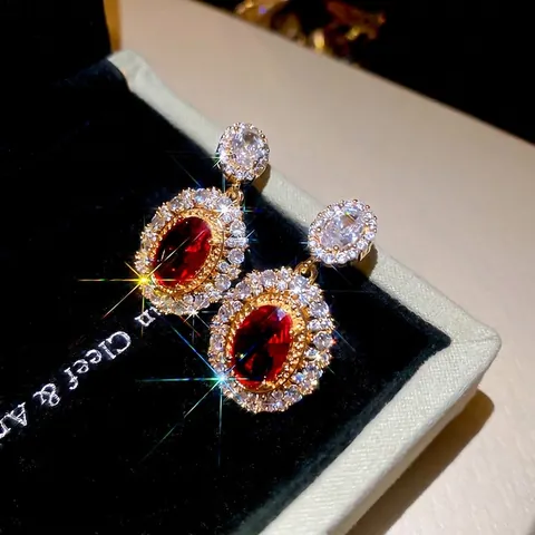 Vintage Palace Style Oval Red Zircon Earrings With Silver Earring Post Gold Plated Copper Luxury Jewelry For Women