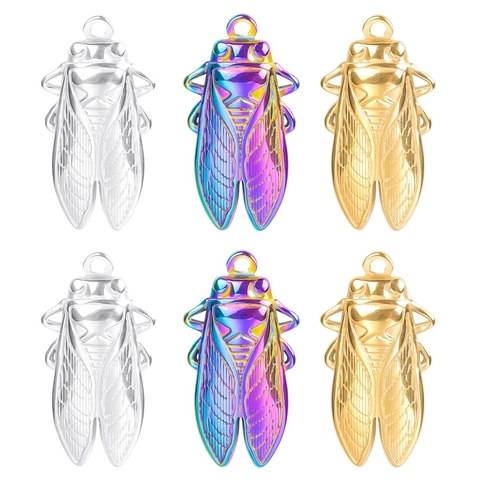 Cicada Pendant Necklace Stainless Steel Vintage Insect Animal Iridescent Gold Silver Jewelry Unisex
