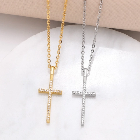 Collar de Colgante de Cruz de Cobre Circonia Minimalista Oro Plata Galvanizado Simple Moda Joyería Regalo Para Mujeres Hombres