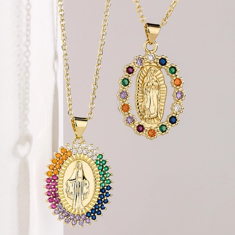 Collana Con Pendente Vergine Maria Rame Placcato Oro Zirconia Colorata Gioielli Religiosi Arcobaleno Stile Retrò Donne