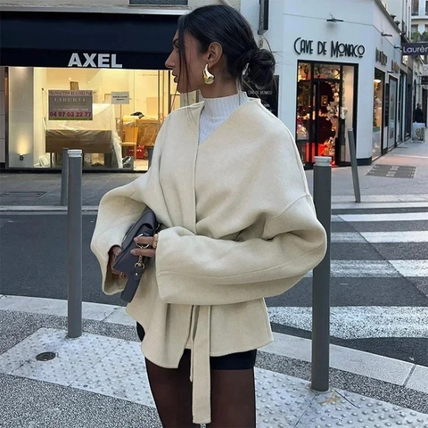 Dames Beige Wollen Look Jas Mantel V-Hals Knoopriem Losse Pasvorm Lange Mouwen Wrap Bovenkleding