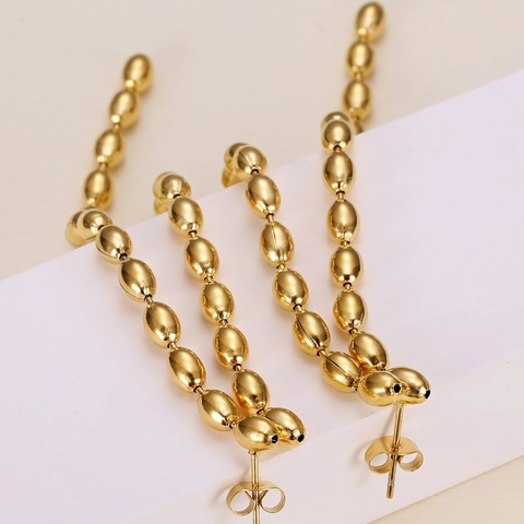 Long Tassel Stud Earrings Titanium Steel Gold Oval Rice Bead Chain Dangle Drop For Women Minimalist Fashion
