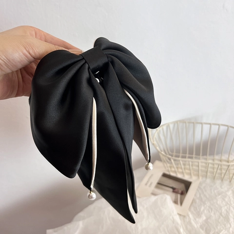 Large Satin Bow Hair Claw Clip Elegant Color Block Fabric Hairpin With Artificial Pearl Pendants Fashion Headwear For Women