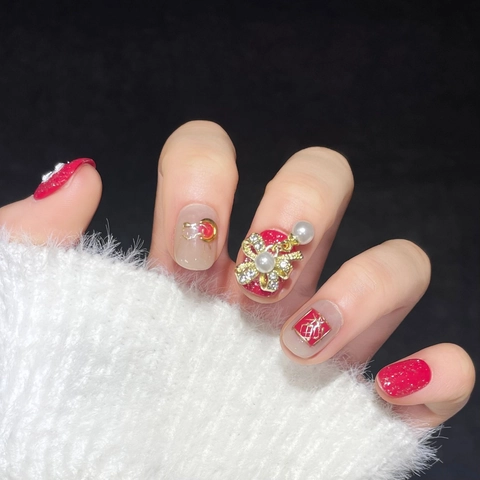 Handmade Red Cat Eye Press On Nails With Golden Lion Dance Character Bow Pearl Charms For New Year Festive Fashion Nail Art