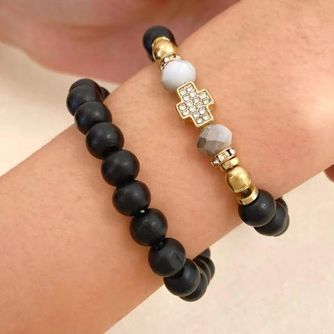 Vintage Wood Beaded Bracelet Combination Gold Plated Alloy Cross Hamsa Hand Evil Eye Rhinestone Elastic Bead Hand Chain Jewelry