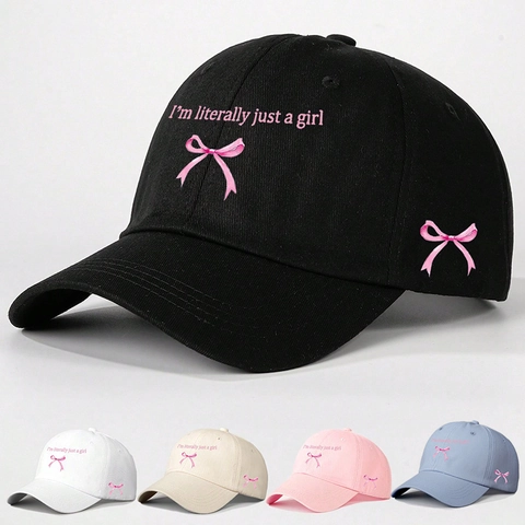 Baseballpet Polyester Verstelbaar Roze Strik Geborduurde Slogan Just A Girl Outdoor Zonbescherming Hoed Voor Vrouwen