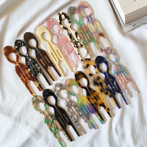 Acetaat U-Vormige Haarkvork Marmer Schildpad Haarstick Twee Tanden Knot Haarspeeldje Elegante Franse Stijl Voor Vrouwen