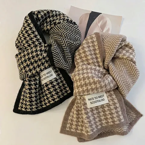 Winter Knit Scarf Houndstooth Solid Color Warm Polyester Neck Warmer For Men Women Soft Cozy