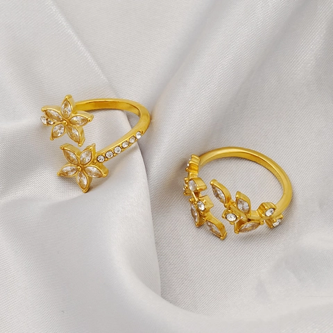 Stainless Steel Ring 18K Gold Plated Flower Leaf Zircon Micro Pave Open Adjustable Jewelry For Women