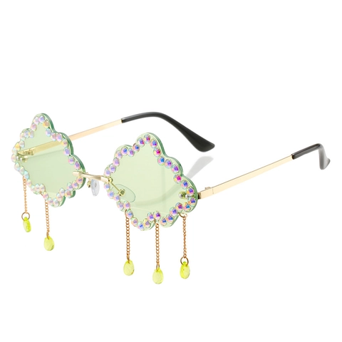 Wolkenförmige Randlose Sonnenbrille Mit Strassbesatz Und Quastenanhängern UV400 Metallrahmen Mode Party Für Damen