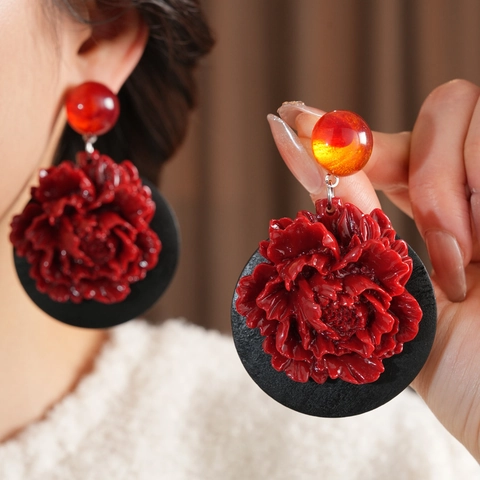 Orecchini Pendenti Fiore Peonia Resina Legno Retrò Etnico Gioielli Per Donna Con Silver Earring Post Rosso Nero