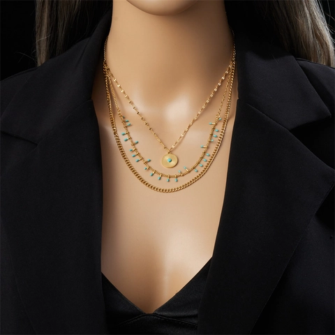 Bohemian Gold Stainless Steel Triple Layer Pendant Necklace For Women Exaggerated Sun Round Disc Blue Bead Jewelry