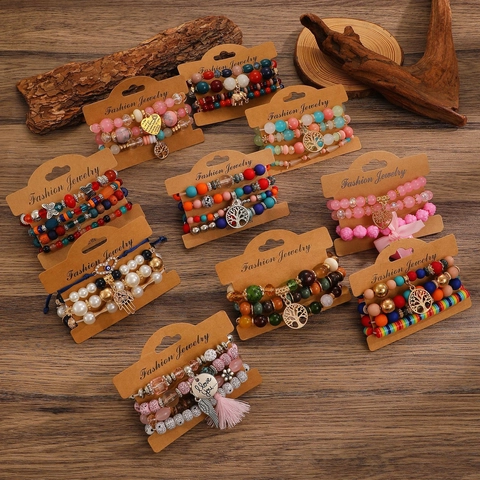 Ensemble de Bracelets Perles Multicouche Bohème pour Femmes Alliage Cristal Artificiel Arbre de Vie Éléphant Cœur Bracelets Élastiques Bijoux de Mode
